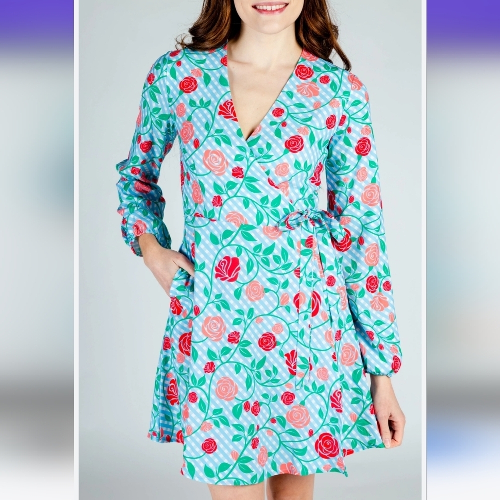 NEW Shinesty Kentucky Derby Mini Wrap Dress Bishop Sleeves & Plunge Neckline